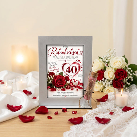 Geschenk zum 40. Hochzeitstag mit roten Rosen, Herzen, Schmucksteinen und rotem Band