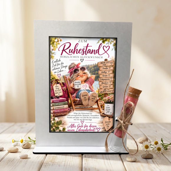 Ruhestand Geschenk Frau mit Spruch Das Beste kommt jetzt und Glasröhrchen