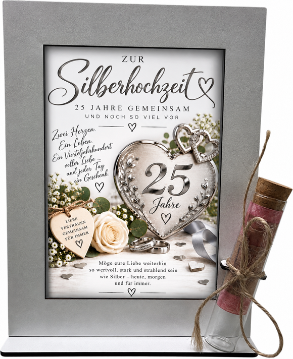 Geschenk Silberhochzeit für 25 Jahre Ehe mit Aufsteller und Glasröhrchen für Geldscheine
