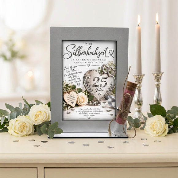 Geldgeschenk zum 25. Hochzeitstag mit silbernem Herz, Eheringen und großer Zahl 25