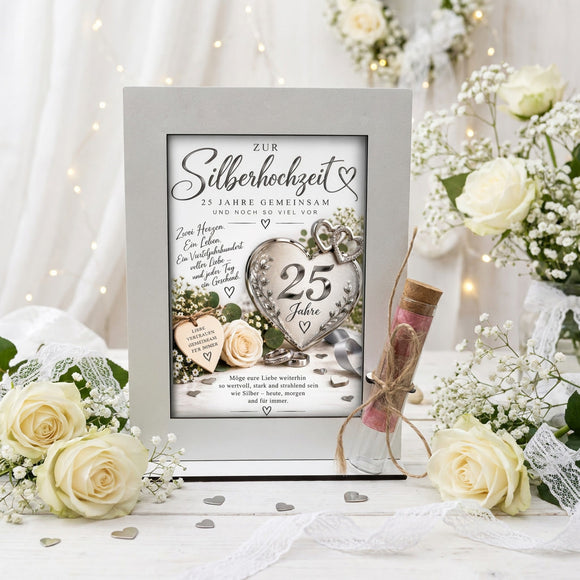 Silberhochzeit Geschenk mit 25 Jahre Motiv und Glasröhrchen zum stilvollen Verschenken von Geld