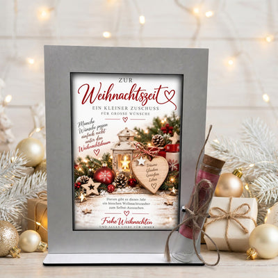 Geldgeschenk Weihnachten – dekorativer Aufsteller mit Glasröhrchen für Geldscheine