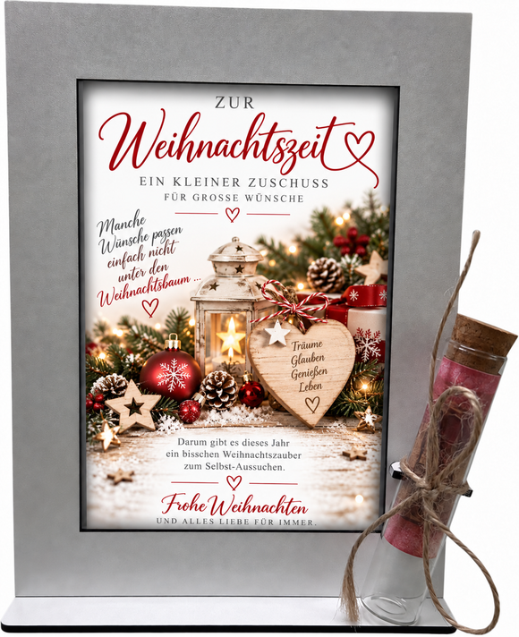 Weihnachtsgeschenk mit Geld – festlicher Aufsteller für einen Zuschuss zu großen Wünschen