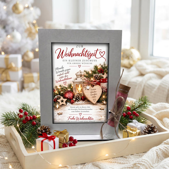 Weihnachtsgeld originell verschenken mit dekorativem Aufsteller und Glasröhrchen mit Korken