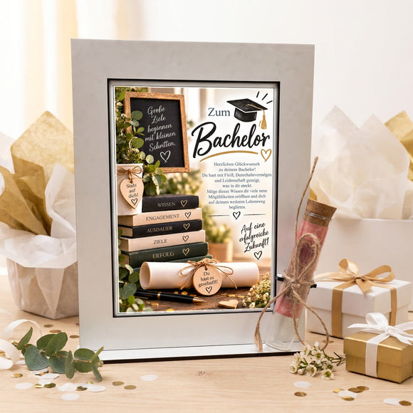 Geschenk zum Bachelorabschluss mit Spruch Große Ziele beginnen mit kleinen Schritten