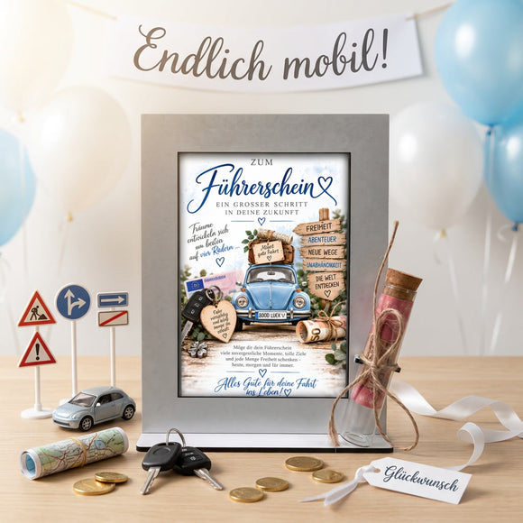 Geschenk für Führerscheinneuling mit Auto, Führerschein, Schlüssel und Geldgeschenk