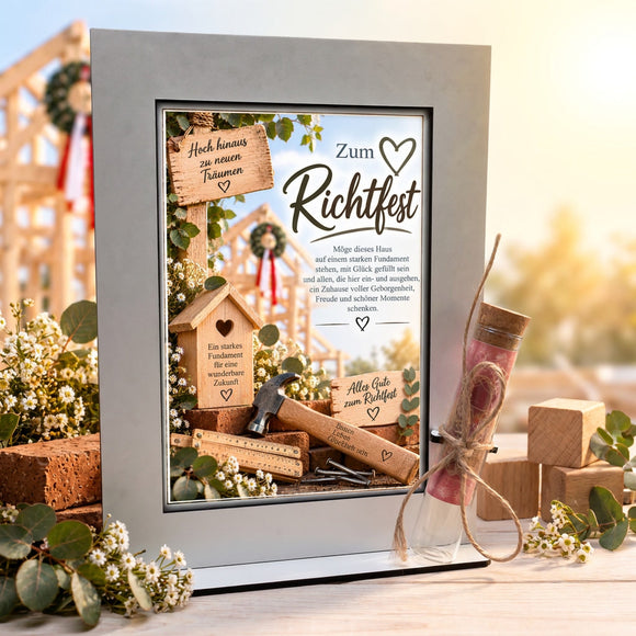 Geschenk zum Richtfest mit Spruch Starkes Fundament für die Zukunft