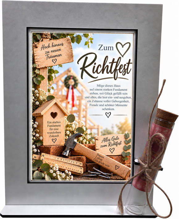Geldgeschenk für Bauherren mit Hausbau Motiv und Richtkranz