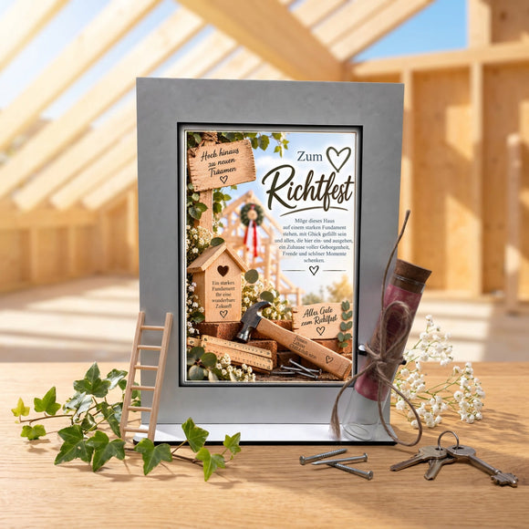Geldgeschenk zum Richtfest mit Rohbau Richtkranz und Glasröhrchen