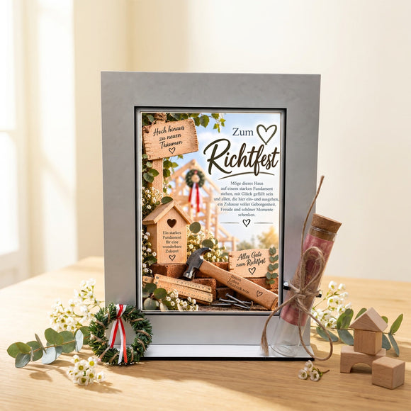 Richtfest Geschenk für Bauherren mit Holzhaus Hammer Zollstock und Nägeln