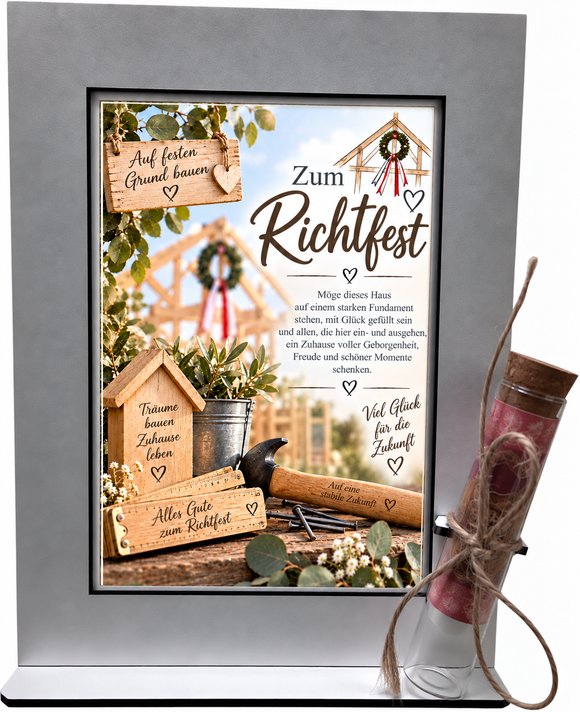 Geschenk zum Richtfest mit Hausbau Motiv und Spruch Auf festem Grund bauen