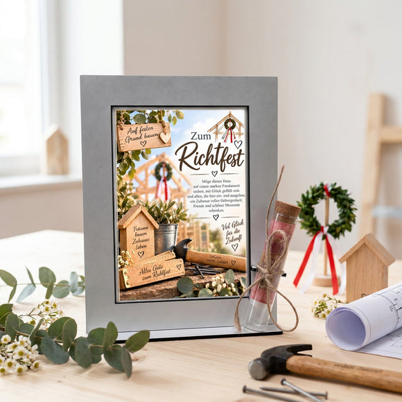 Geld zum Richtfest originell verschenken mit Glasröhrchen und Hausmotiv