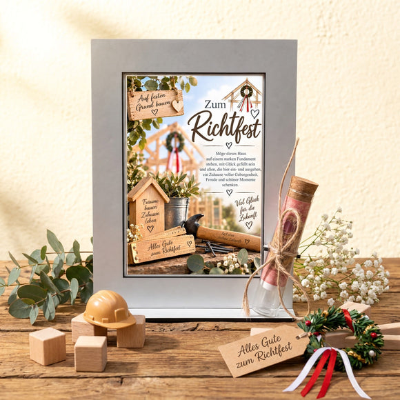 Geldgeschenk zum Richtfest mit Rohbau Richtkranz und Glasröhrchen