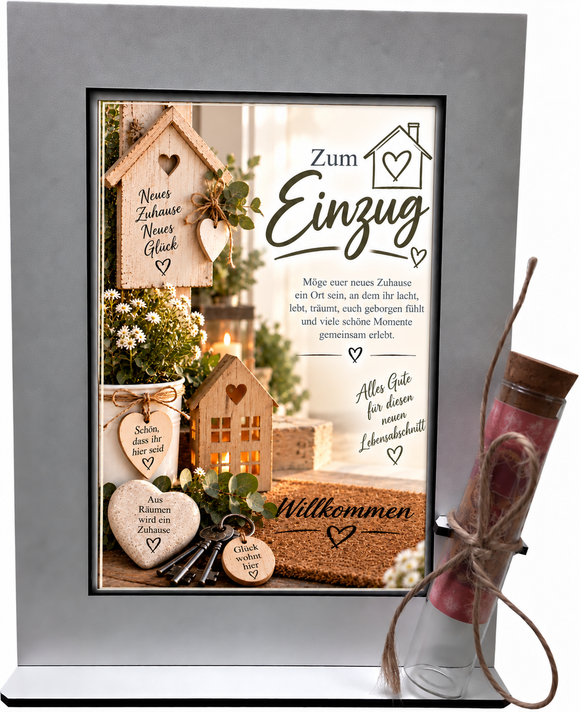Einzugsgeschenk für neues Zuhause mit Haus Herzen und Geldröhrchen
