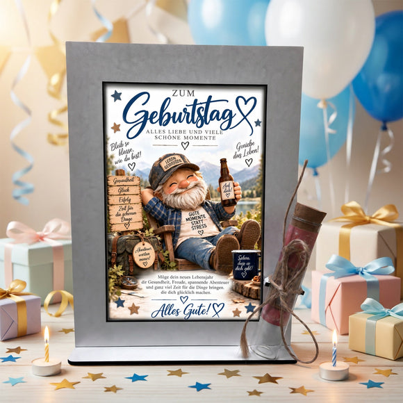 Geldgeschenk Geburtstag Mann – Aufsteller mit Zwerg, Bergmotiv und Geldröhrchen