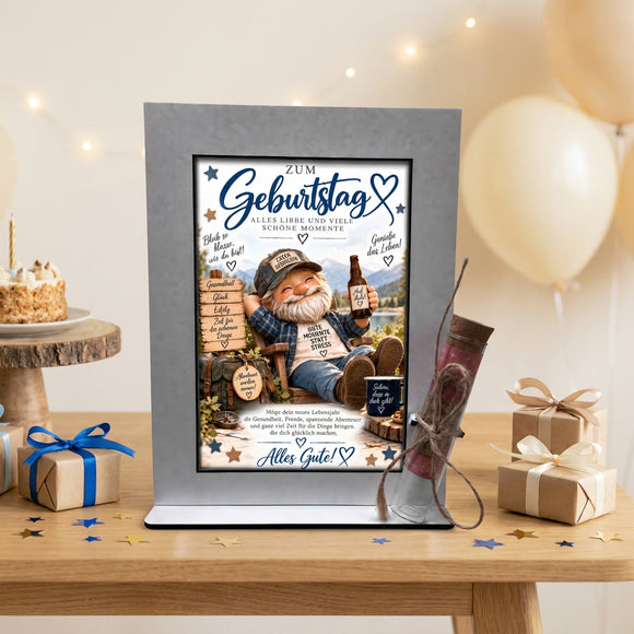 Geschenk für Ehemann zum Geburtstag mit Zwerg, Rucksack und austauschbarer Karte