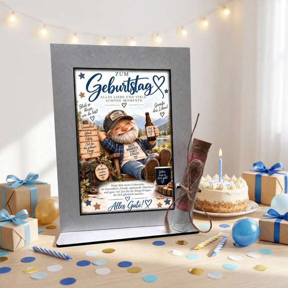 Geld zum Geburtstag schön verschenken mit Aufsteller für Männer und Geldröhrchen