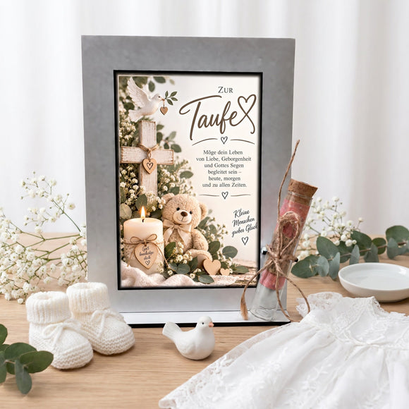 Taufgeschenk mit Taube Kreuz Teddy und liebevollem Segensspruch