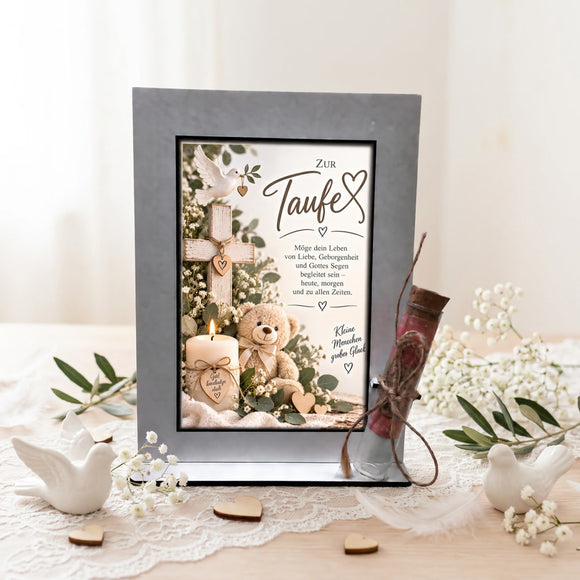 Christliches Geschenk zur Taufe mit Segensspruch Kreuz und weißer Taube