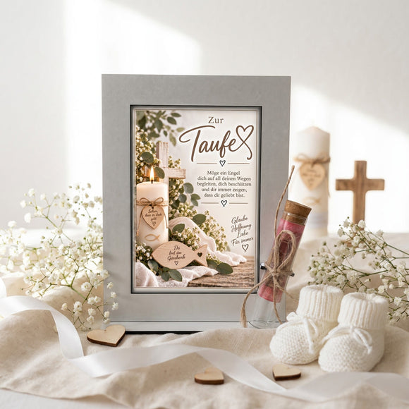 Taufgeschenk für Mädchen und Jungen mit Kreuz Kerze und Fisch