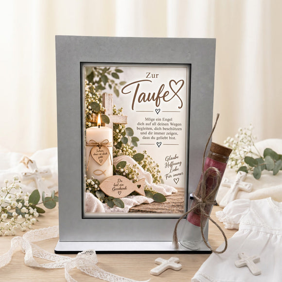Taufgeschenk für Patenkind mit Engel-Spruch Kreuz und Taufkerze