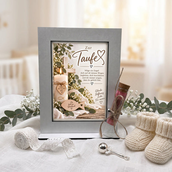 Geschenk Patenkind zur Taufe mit Geldröhrchen und christlichem Taufmotiv