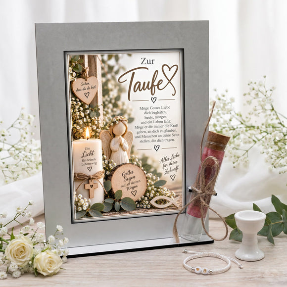 Taufgeschenk mit Schutzengel für Mädchen und Jungen im weißen Rahmen