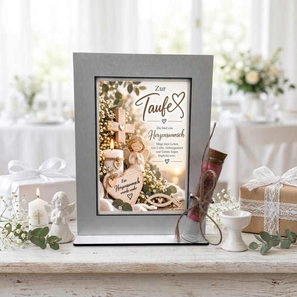 Taufgeschenk Herzenswunsch für Mädchen und Jungen mit Engel und Kreuz