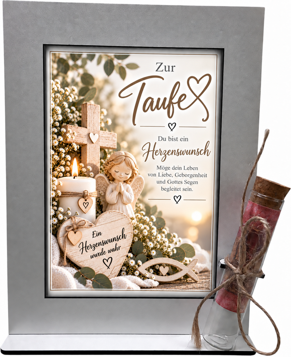 Geschenk zur Taufe mit Schutzengel Kerze Fisch und christlichem Segensspruch