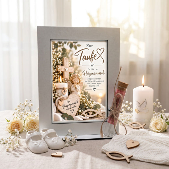 Herzenswunsch Geschenk zur Taufe mit Geldröhrchen und Schutzengel