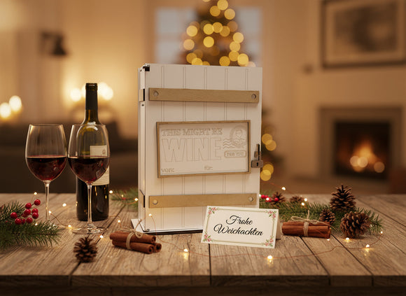 Personalisiertes Weingeschenk – Weinkiste für Weinliebhaber mit Karte und Glas Wein