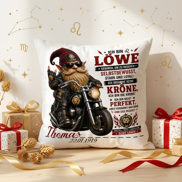 Geschenk für Löwe Mann – individuelles Sternzeichen Kissen mit Wunschname, Geburtsdatum und Biker Motiv