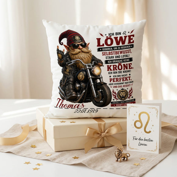 Sternzeichen Löwe Geschenk für Papa, Opa oder Partner – personalisiertes Kissen mit Name und Geburtsdatum