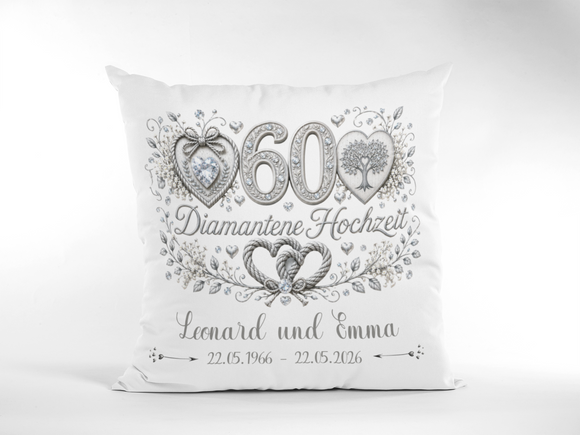 Hochwertiges Kissen zur Diamantenen Hochzeit mit Namen, Hochzeitsdatum und Jubiläumsdatum
