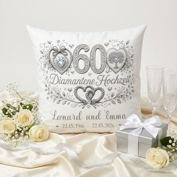 Geschenk Diamantene Hochzeit – personalisiertes Kissen mit Namen und Daten zum 60. Hochzeitstag