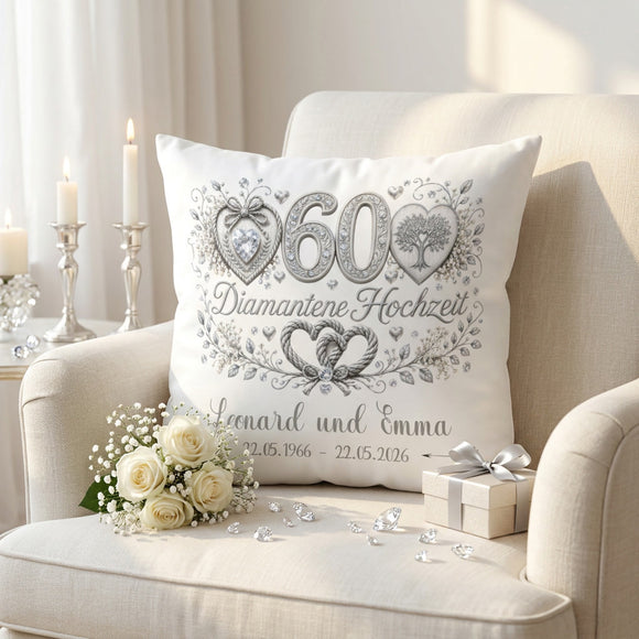 Geschenk 60. Hochzeitstag – personalisiertes Kissen zur Diamantenen Hochzeit mit Namen und Datum