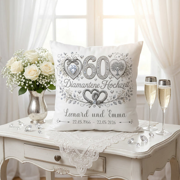 Personalisiertes Kissen zur Diamantenen Hochzeit mit Zahl 60, Diamanten, Herzen und Lebensbaum