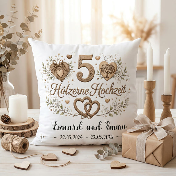 Personalisiertes Hölzerne Hochzeit Kissen als Geschenk zum 5 Hochzeitstag