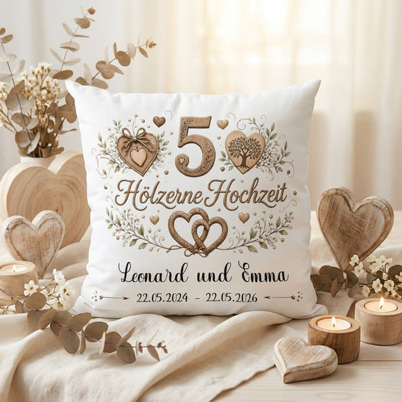 Hölzerne Hochzeit Kissen personalisiert zum 5 Hochzeitstag mit Namen