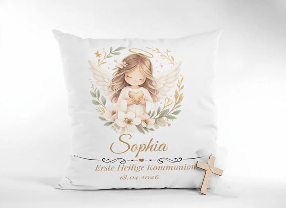 Personalisiertes Geschenk zur Kommunion Kissen mit Schutzengel Motiv