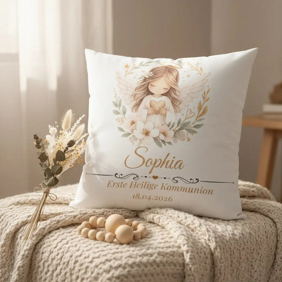 Schutzengel Kissen personalisiert – liebevolles Geschenk zur Kommunion