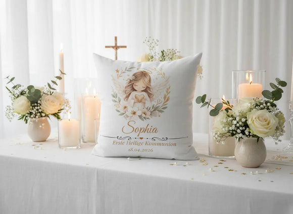 Christliches Geschenk zur Kommunion – Kissen mit Schutzengel und Namen