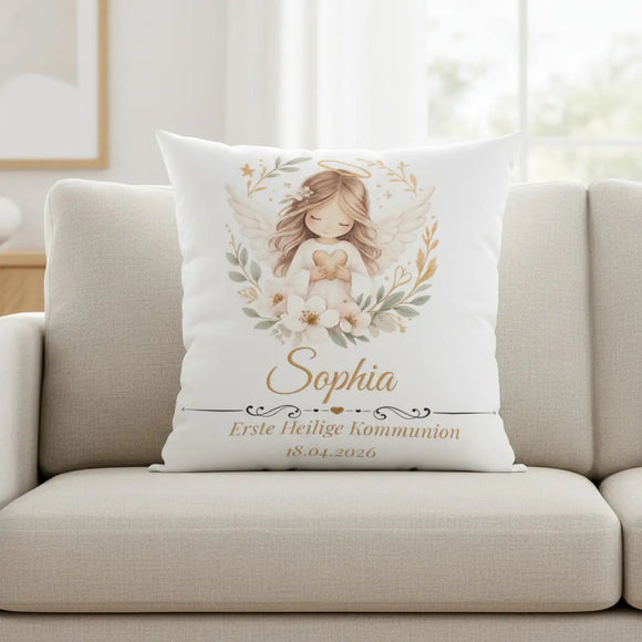 Erinnerungsgeschenk zur Kommunion – personalisiertes Kissen mit Engelmotiv