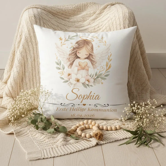 Geschenk zur Kommunion personalisiert – weißes Kissen mit Engel und Name