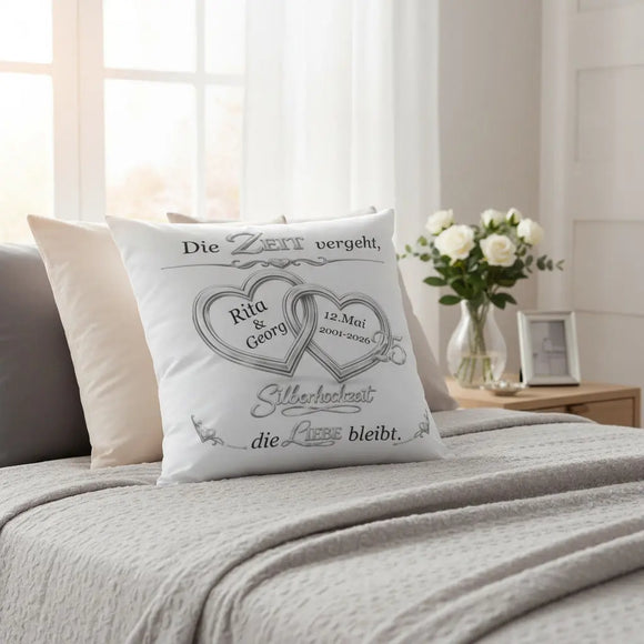 Hochwertiges Kissen zum 25 Hochzeitstag mit individuellem Druck