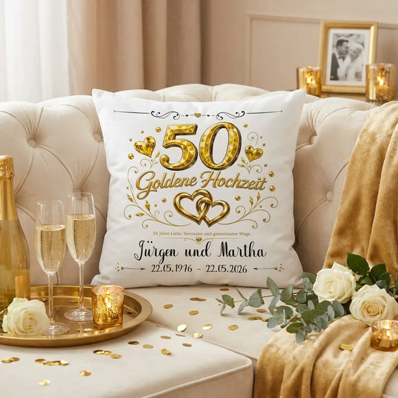 Dekokissen Goldene Hochzeit personalisiert mit Namen und Hochzeitsdatum in edler Goldoptik