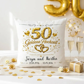 Personalisiertes Kissen Goldene Hochzeit mit Namen und Datum als Geschenk zum 50. Hochzeitstag