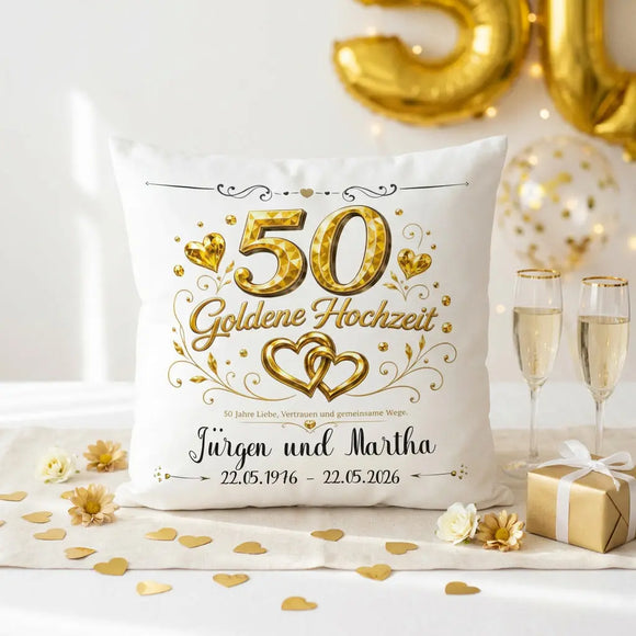 Personalisiertes Kissen Goldene Hochzeit mit Namen und Datum als Geschenk zum 50. Hochzeitstag