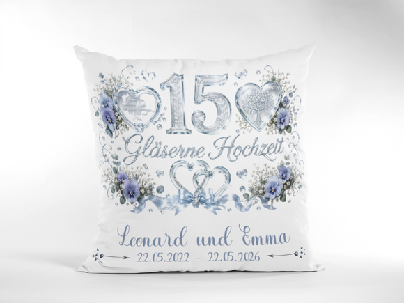 Geschenk Gläserne Hochzeit – personalisiertes Kissen mit Namen und Datum