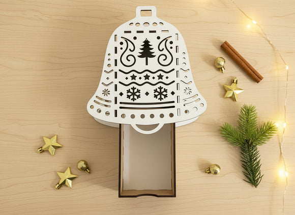 Festliche Geschenkbox Glockenform mit Schneeflockenmotiv und Sternendeko
